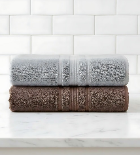 Grey & Brown Soft Cotton 500 GSM Solid Bath Towel Pack Of 2