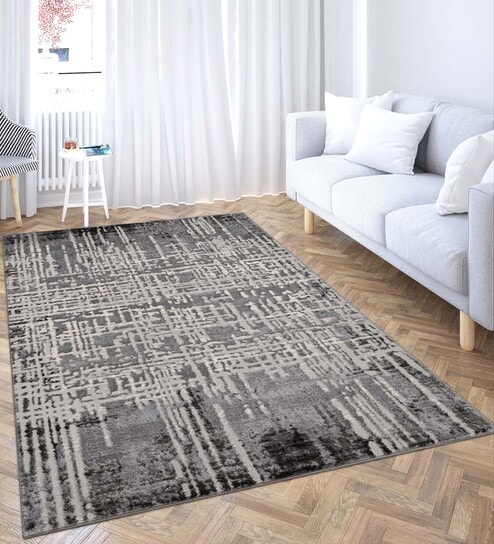 Grey & Cream Abstract Polyester 3 x 5 Feet Machine Made Carpet