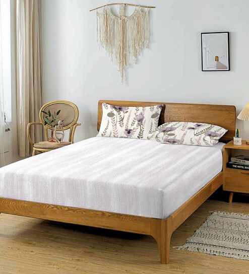 Grey & Cream Glace Cotton Solid Elastic Fitted King Bedsheet With 2 Pillow Covers