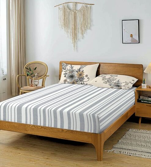Grey & Cream Glace Cotton Striped Elastic Fitted King Bedsheet With 2 Pillow Covers