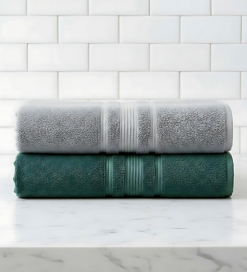 Grey & Dark Green Soft Cotton 500 GSM Solid Bath Towel Pack Of 2