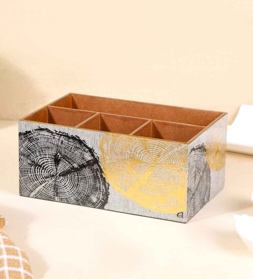 Grey & Gold Mdf Wood Rectangle 1 Pcs Cutlery Holder