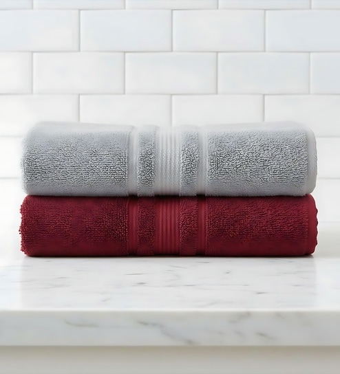 Grey & Maroon Soft Cotton 500 GSM Solid Bath Towel Pack Of 2