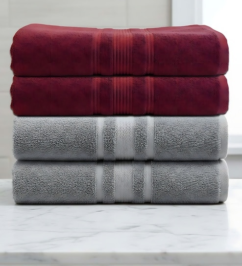 Grey & Maroon Soft Cotton 500 GSM Solid Bath Towel Pack Of 4