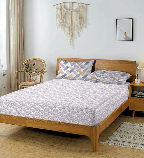 Grey & Purple Glace Cotton Geometric Print Elastic Fitted King Bedsheet With 2 Pillow Covers