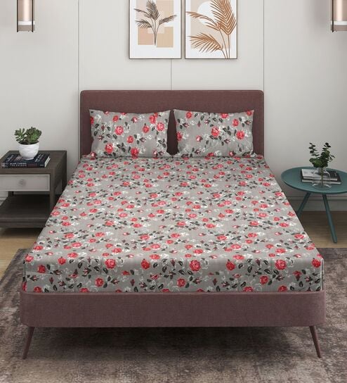 Grey & Red Glace Cotton Floral Print Elastic Fitted King Bedsheet With 2 Pillow Covers