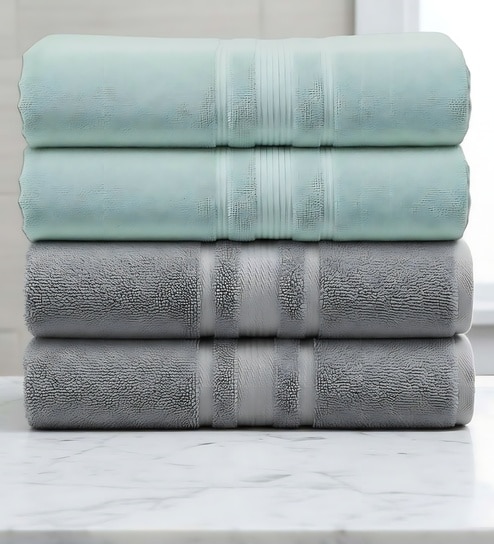 Grey & Water Green Soft Cotton 500 GSM Solid Bath Towel Pack Of 4