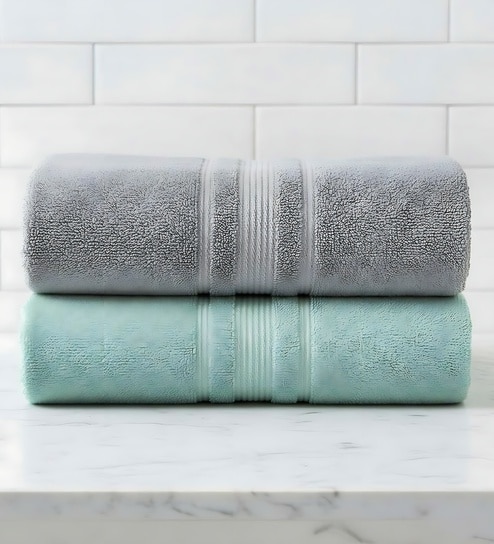 Grey & Water Green Soft Cotton 500 GSM Solid Bath Towel Pack Of 2