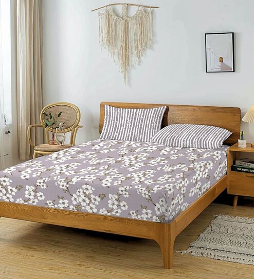 Grey & White Glace Cotton Floral Print Elastic Fitted King Bedsheet With 2 Pillow Covers