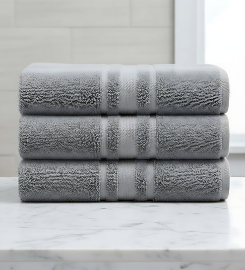 Grey Soft Cotton 500 GSM Solid Bath Towel Pack Of 3