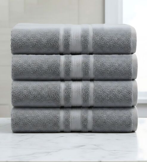 Grey Soft Cotton 500 GSM Solid Bath Towel Pack Of 4