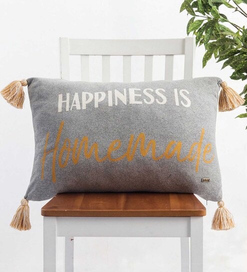 Grey 100% Cotton Happiness is Homemade 16x24 Inches Cushion Cover by Pluchi