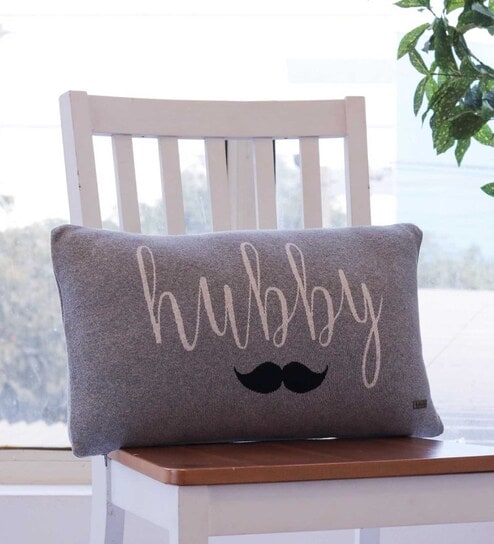 Grey 100% Cotton Hubby Wifey 12x20 Inches Cushion Cover by Pluchi