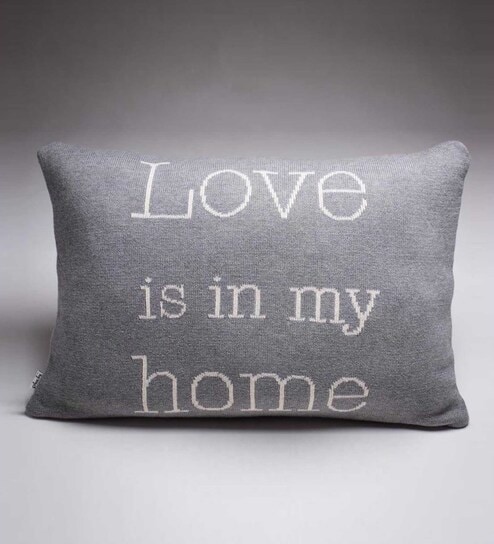 Grey 100% Cotton Love 16x24 Inches Cushion Cover by Pluchi