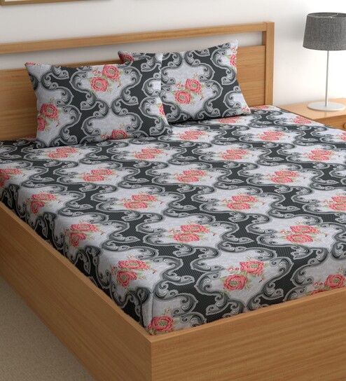 Grey 180 TC Floral Cotton Queen Double Bedsheet 2 Pillow covers
