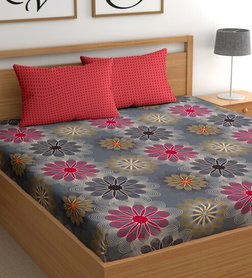 Grey 180 TC Floral Cotton Queen Double Bedsheet 2 Pillow covers