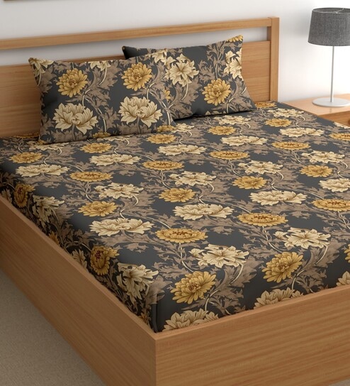Grey 200 TC Floral Cotton Queen Double Bedsheet 2 Pillow covers