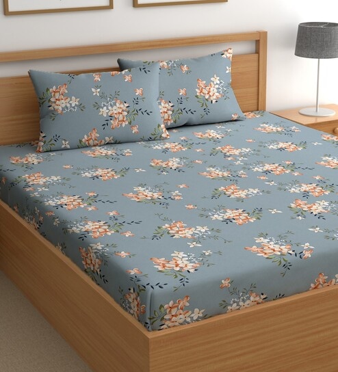 Grey 200 TC Floral Cotton Queen Double Bedsheet 2 Pillow covers
