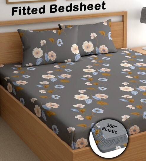 Grey 200 TC Floral Cotton Fitted Double Bedsheet 2 Pillow covers