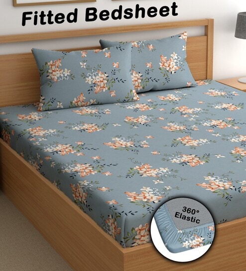 Grey 200 TC Floral Cotton Fitted Double Bedsheet 2 Pillow covers