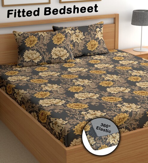Grey 200 TC Floral Cotton Fitted Double Bedsheet 2 Pillow covers