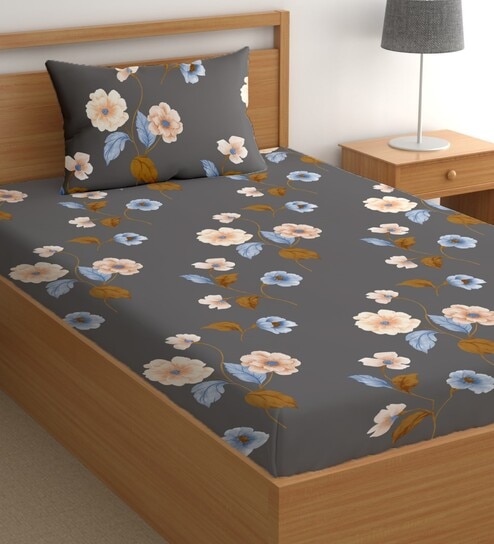 Grey 200 TC Floral Cotton Single Bedsheet Pillow covers