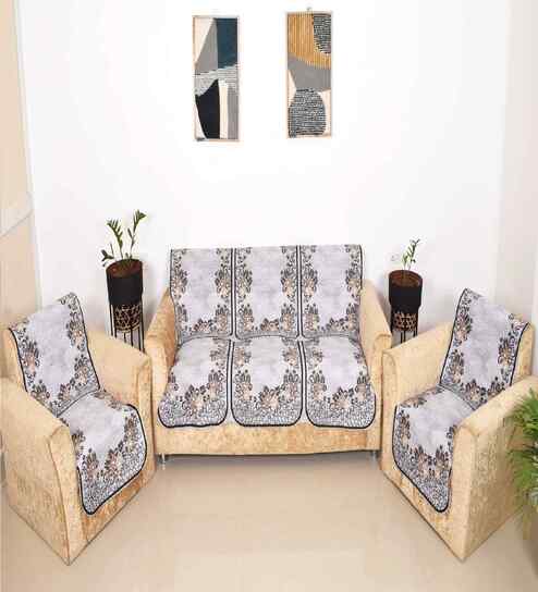 Grey 5 Seater Floral 10Pcs Sofa Covers