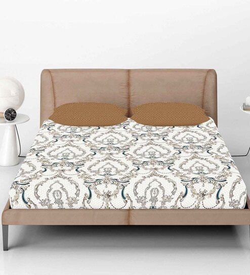 Grey Abstract 144 TC Cotton Fitted Double Bedsheet with 2 Pillow Covers