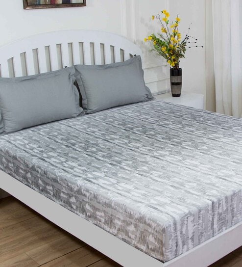 Grey Abstract 144 TC Cotton Queen Sized Bed Sheets with 2 Pillow Covers by GM Fabrics