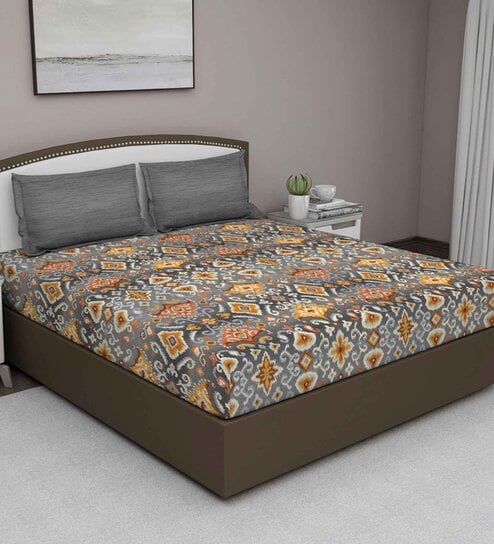 Grey Abstract 210 TC Cotton King Sized Bed Sheets with 2 Pillow Covers by GM Fabrics