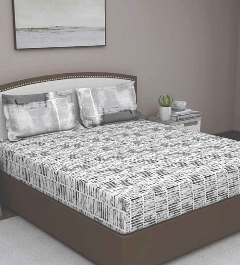Grey Abstract 210 TC Cotton Queen Sized Bed Sheets with 2 Pillow Covers by GM Fabrics