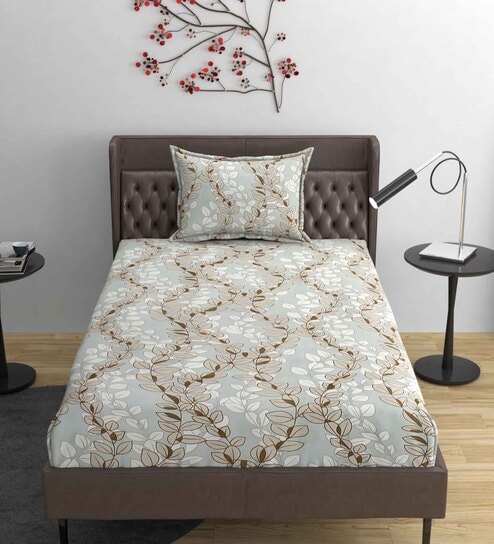 Grey Abstract 220 TC Cotton Blend Fitted Single Sized Bedsheet With 1 Pillow Cover