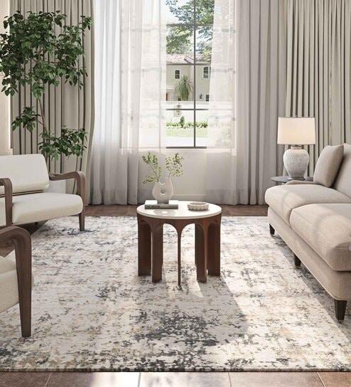 Grey Abstract Viscose 5 ft X 7 ft Machine Made Carpet