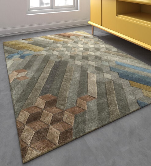Grey Abstract Wool and Viscose 5 ft X 8 ft Hand Tufted Rectangle Carpet