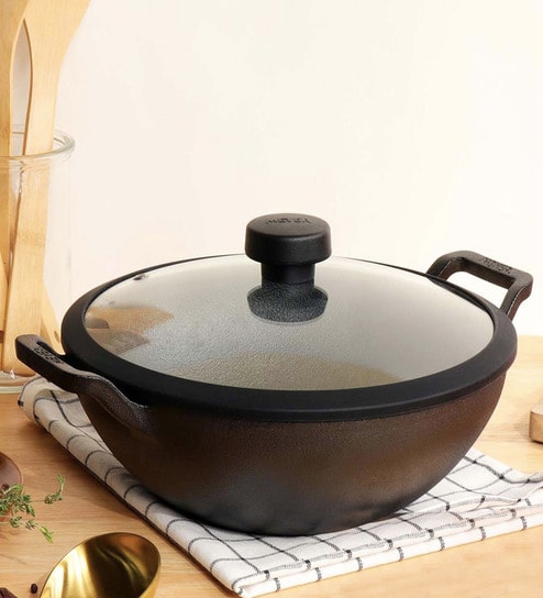 Pre-Seasoned Cast Iron Kadai/Kadhai for Cooking deep Frying Induction  Friendly