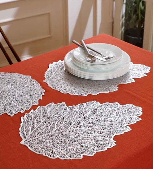 Silver Alyssa Leaf Shaped Textured PVC Dining Table Placemat
