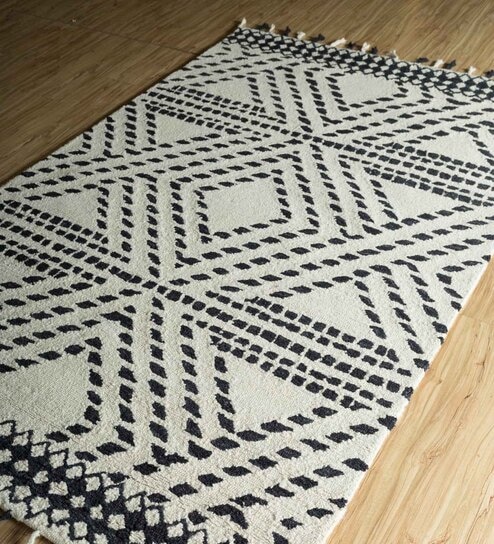 Grey Geometric Wool 5 ft x 7 ft Hand Tufted Carpet