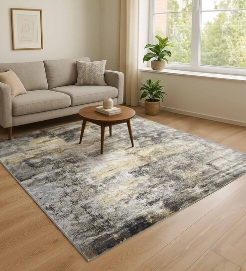 Grey and Cream Abstract 3x5 Feet Machine Made Carpet