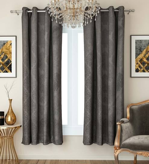 Grey Faux Silk Blackout 5 Feet Eyelet Curtain (Set of 2)