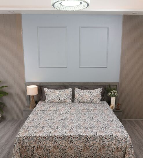 Grey Bohemian Paisley Design 210 TC 100% Cotton Superking Bedsheet with 2 Pillow Covers
