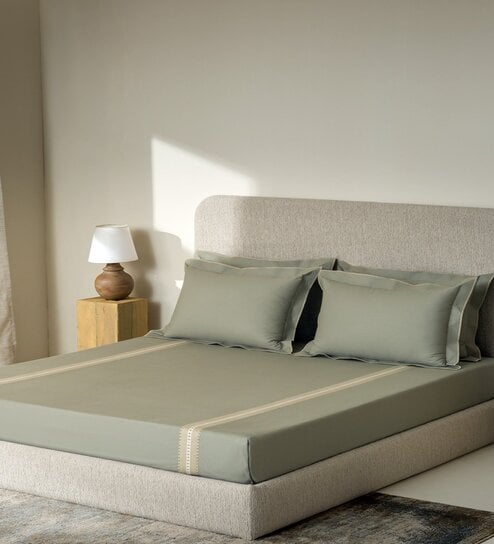 Grey Embroidered 210 TC Cotton King Sized Bedsheet with 2 Pillow Covers