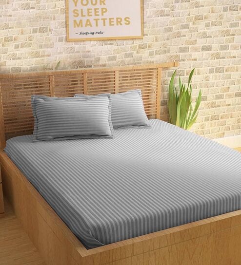 Grey 210TC Cotton stripe 1 Super King Bedsheet with 2 Pillow Covers