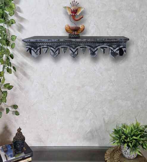 Grey Colour Solid Wood Handcarved Floating Wall Shelf