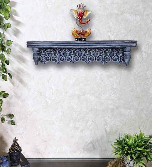 Grey Colour Solid Wood Handcarved Floating Wall Shelf