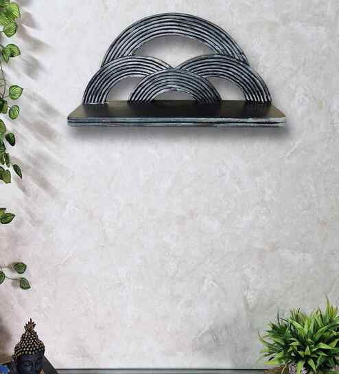 Grey Colour Solid Wood Handcarved Floating Wall Shelf In Rainbow Design
