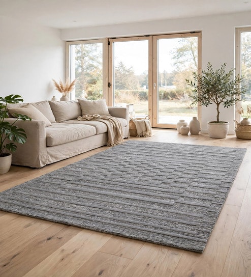 Grey Contemporary Wool And Cotton 8 X 5 Feet Hand Tufted Carpet