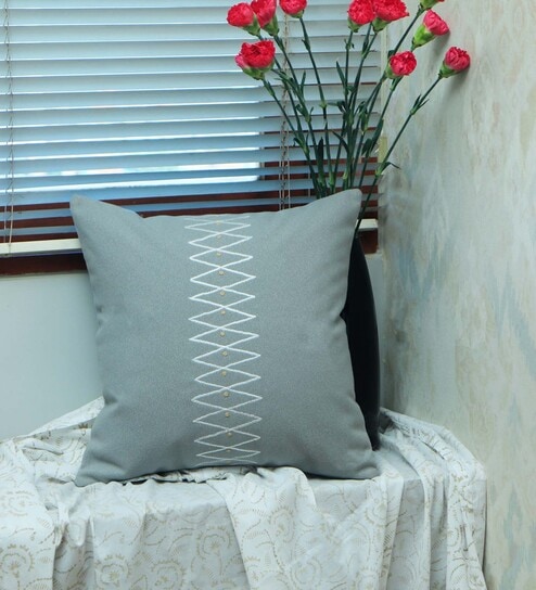 Grey Geometric Cotton Blend 16 x 16 Inches Cushion Cover by Zeba