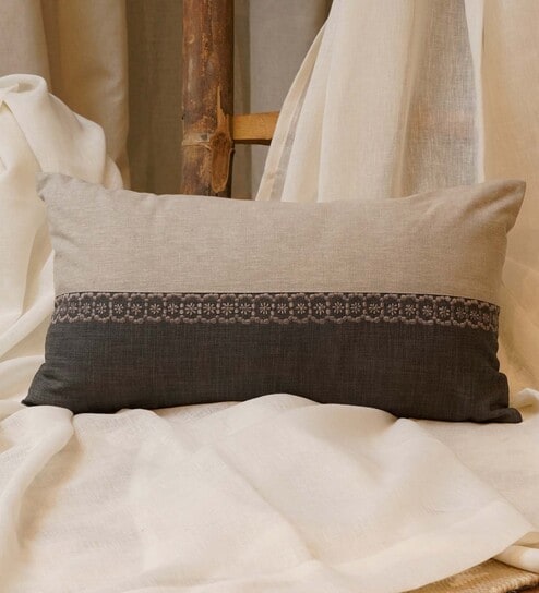 White Striped Cotton Blend 12 x 22 Inches Cushion Cover by Zeba