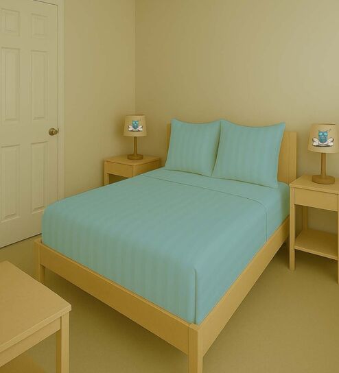 Blue Cotton 300TC 2CM Striped Super King Bedsheet with 2 Pillow Covers