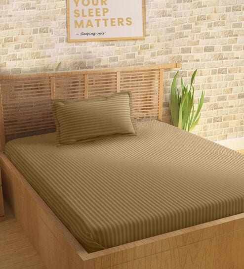 Brown Cotton 210TC Striped Single Bedsheet with 1 Pillow Cover